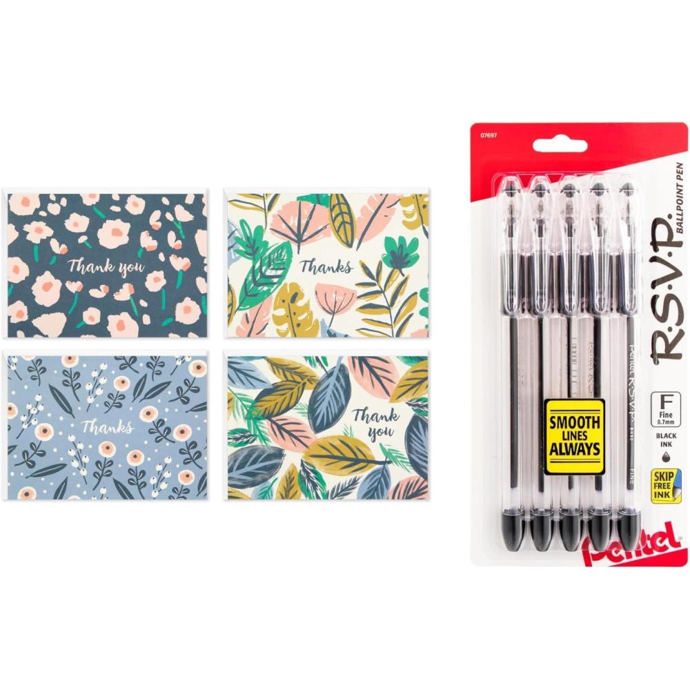 imageHallmark Thank You Cards Painted Florals 48 Count with Envelopes and Pentel RSVP Ballpoint Pens Pack of 5 for Bridal Showers Birthdays Graduations Any Occasion