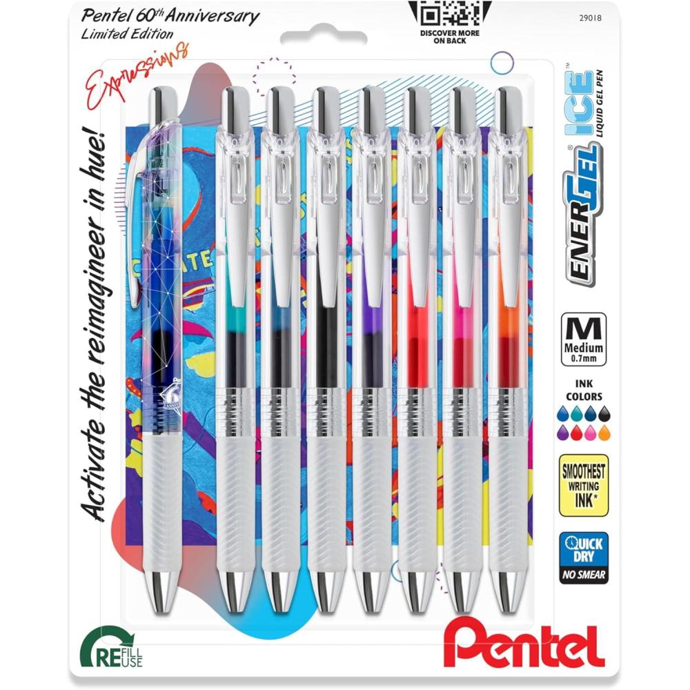 imagePentel EnerGel Expressions 60th Anniversary Limited Edition Pack ICE Liquid Gel Pens 07mm Medium Line Assorted Ink Colors Pack of 8 BL77TLABP8M