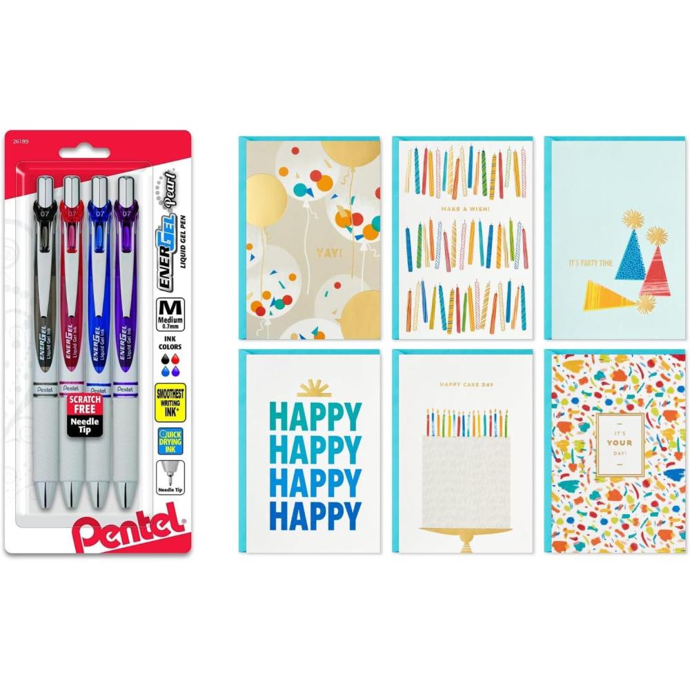 imagePentel EnerGel Pearl RTX Retractable Liquid Gel Pens Pack of 4 and Hallmark Birthday Cards Assortment 36 Count with Envelopes