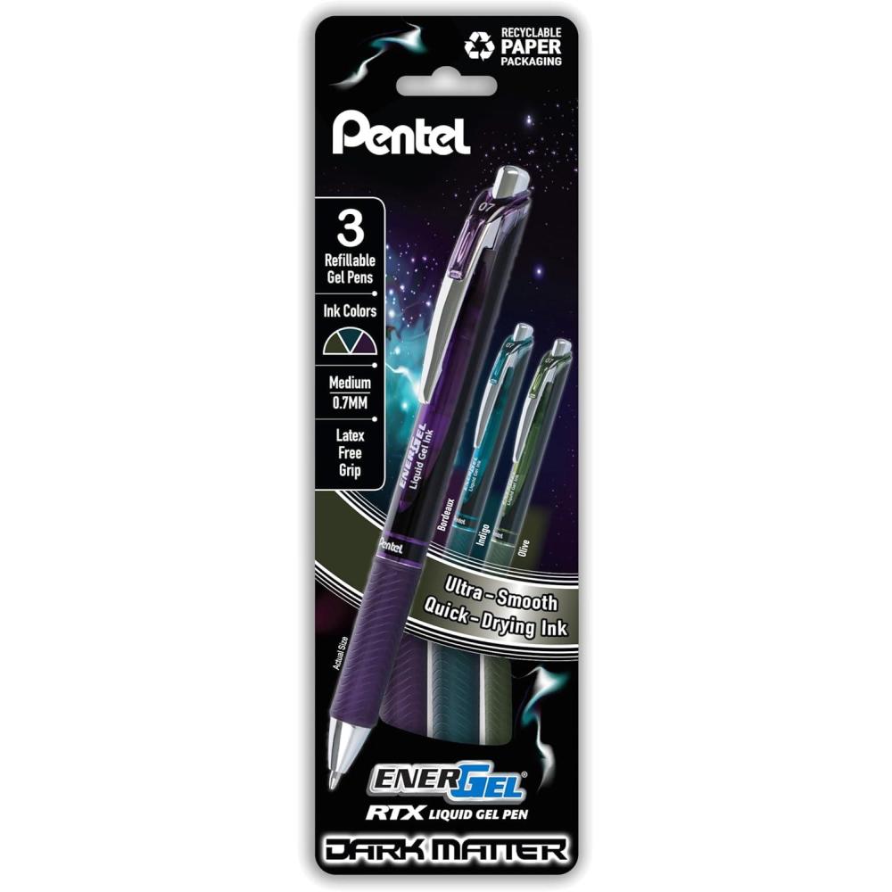 imagePentel EnerGel RTX Dark Matter Liquid Gel Pen 07mm Assorted Dark Ink Colors Pack of 3 BL77DMPF3M