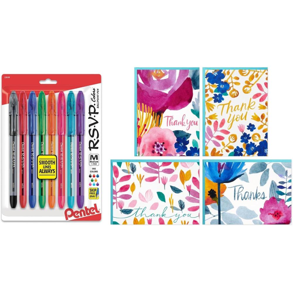 imagePentel RSVP Ballpoint Pens Pack of 8 and Hallmark Thank You Notes Watercolor Florals 48 Count with Envelopes for Bridal Showers Birthdays Graduation Any Occasion