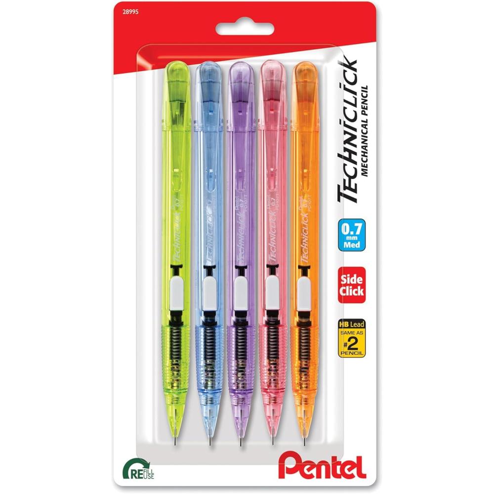 imagePentel Techniclick 07mm Mechanical Pencil  Pack of 5 Smooth Writing Pencil for Students ampamp Professionals Medium Line SideClick Lead Advance Assorted Pastel Barrel Colors PD107TBP5M