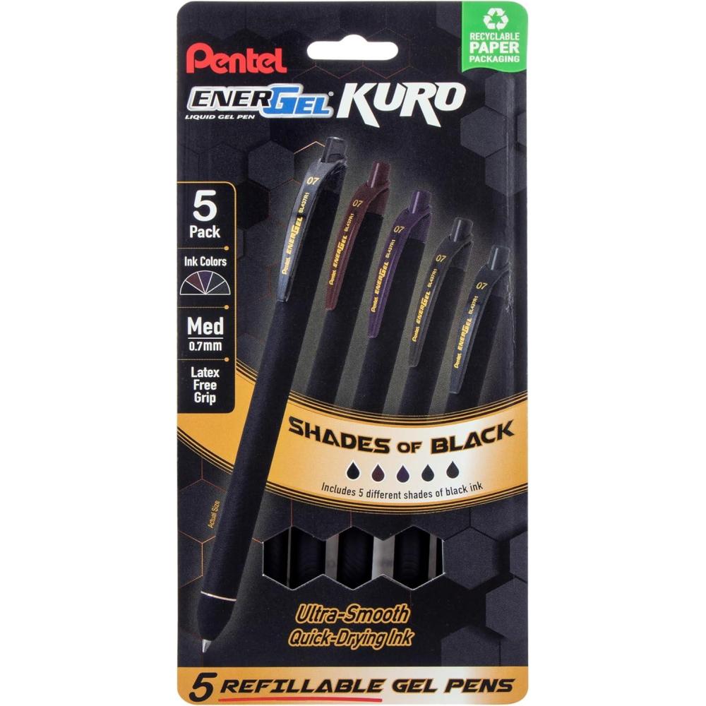 imagePentel EnerGel Kuro Retractable Liquid Gel Pen Shades of Black 07mm tip Assorted black ink Pack of 5 pens BL437PF5MA