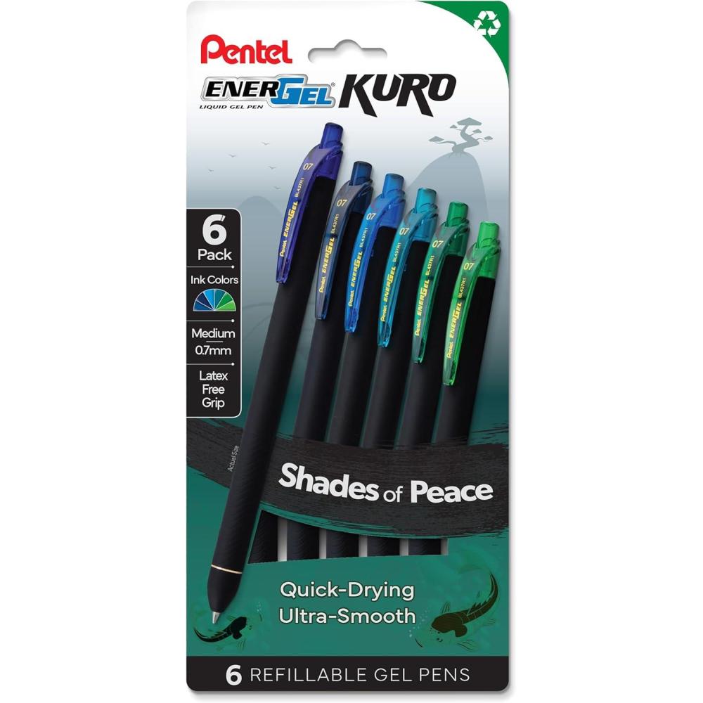 imagePentel EnerGel Kuro Shades of Joy Retractable Liquid Gel Pen Assorted Ink Colors Pack of 6 BL437JOYPF6Shades of Peace