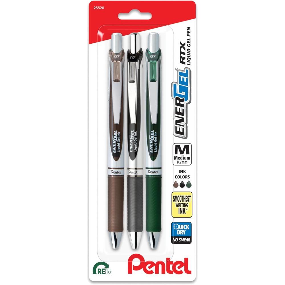 imagePentel EnerGel RTX Retractable Liquid Gel Pen 07mm Camo Hue Sepia Black and Forest Green Ink Pack of 3 Pens BL77CAMBP3MCamo