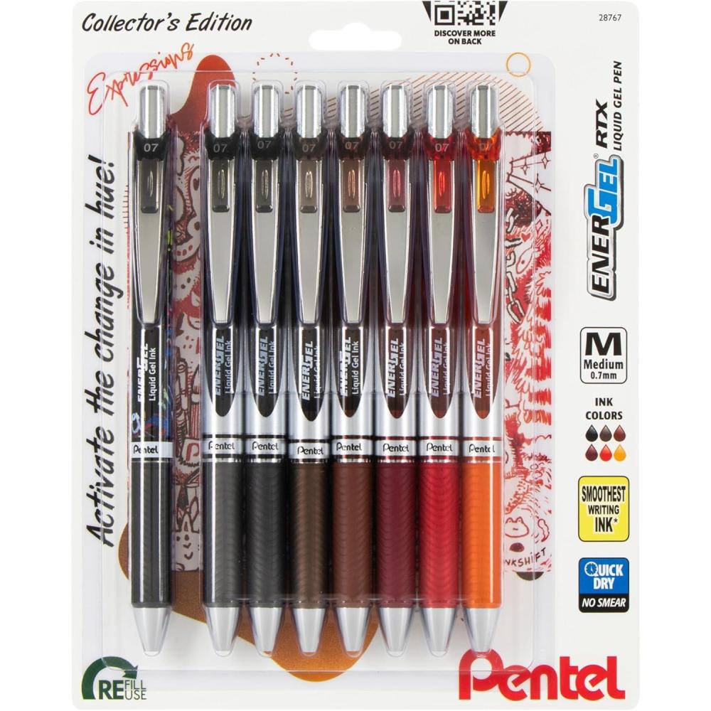 imagePentel EnerGel RTX Retractable Liquid Gel Pen Creator Expressions Pack 07mm Metal Tip Medium Line Assorted Ink Pack of 8 Pens BL77XRIGBP8MChange