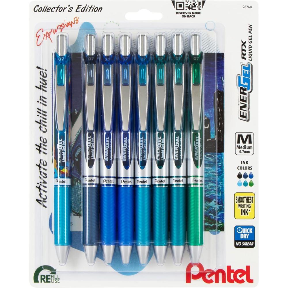 imagePentel EnerGel RTX Retractable Liquid Gel Pen Happiness Expressions Pack 07mm Metal Tip Medium Line Assorted Ink Pack of 8 Pens BL77XHAPBP8MChill