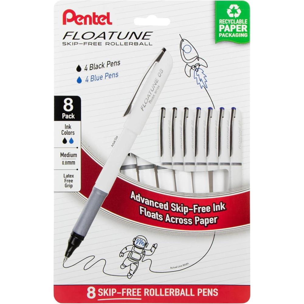 imagePentel Floatune Rollerball Pen 08mm Medium Point BlackBlueRed Ink Pack of 8 pens BY108PF8OFCBlack  Blue