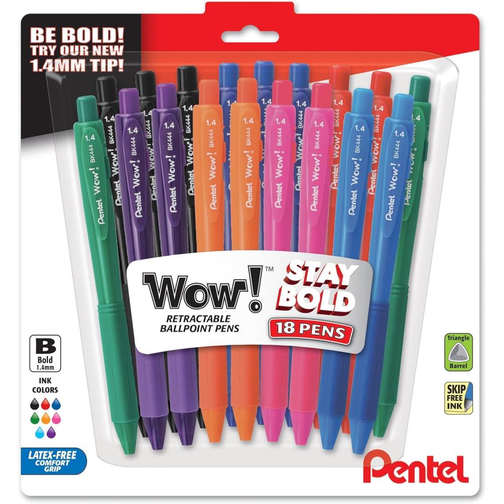 imagePentel Wow Retractable Ballpoint Pen 14mm Bold Line Assorted Ink Colors Pack of 18 BK444BP18MAssorted