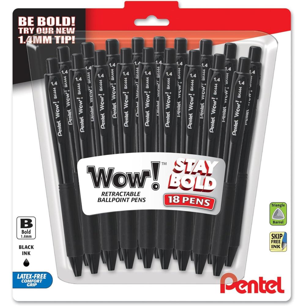 imagePentel Wow Retractable Ballpoint Pen 14mm Bold Line Assorted Ink Colors Pack of 18 BK444BP18MBlack