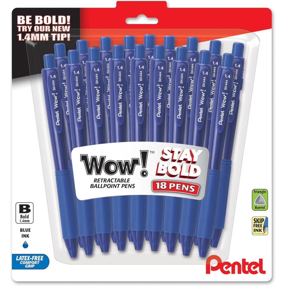 imagePentel Wow Retractable Ballpoint Pen 14mm Bold Line Assorted Ink Colors Pack of 18 BK444BP18MBlue