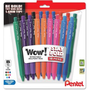 Pentel Wow! Retractable Ballpoint Pen, (1.4mm), Bold Line, Assorted Ink Colors, Pack of 18 (BK444BP18M)(Assorted)