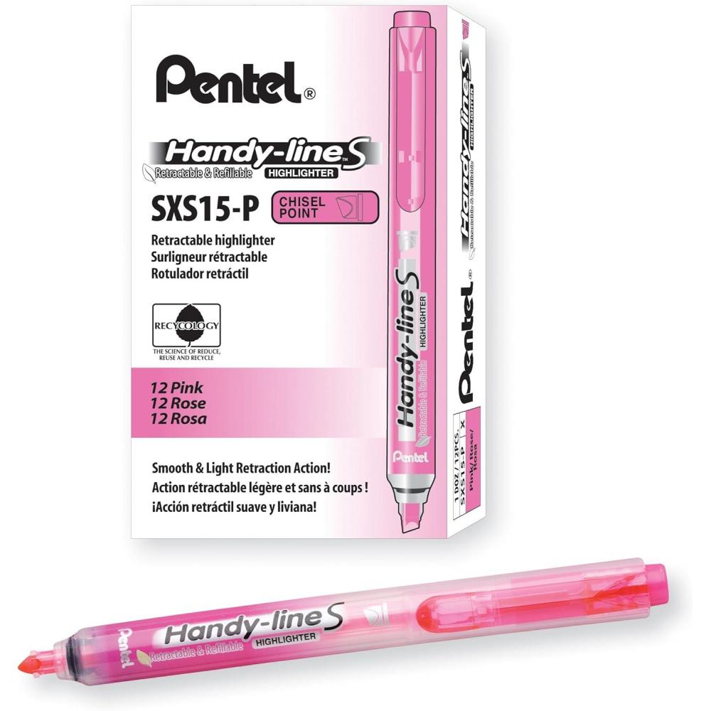 imagePentel HandyLine S Retractable and Refillable Chisel Tip Highlighter Pink Ink Box of 12 SXS15P