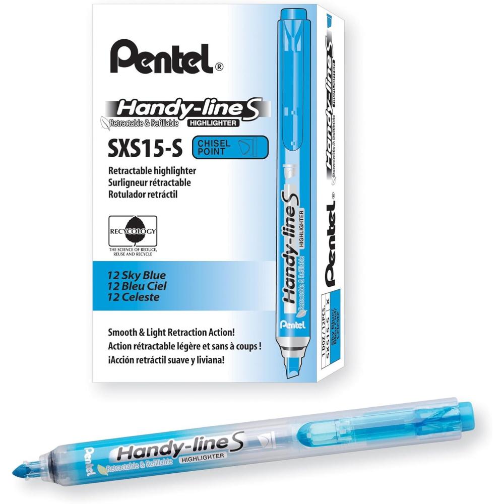 imagePentel HandyLine S Retractable and Refillable Chisel Tip Highlighter Sky Blue Ink Box of 12 SXS15S