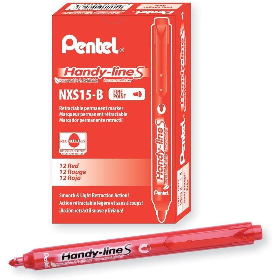 imagePentel Handyline S Retractable and Refillable Permanent Marker Red Barrel Red Ink Box of 12 NXS15BRed