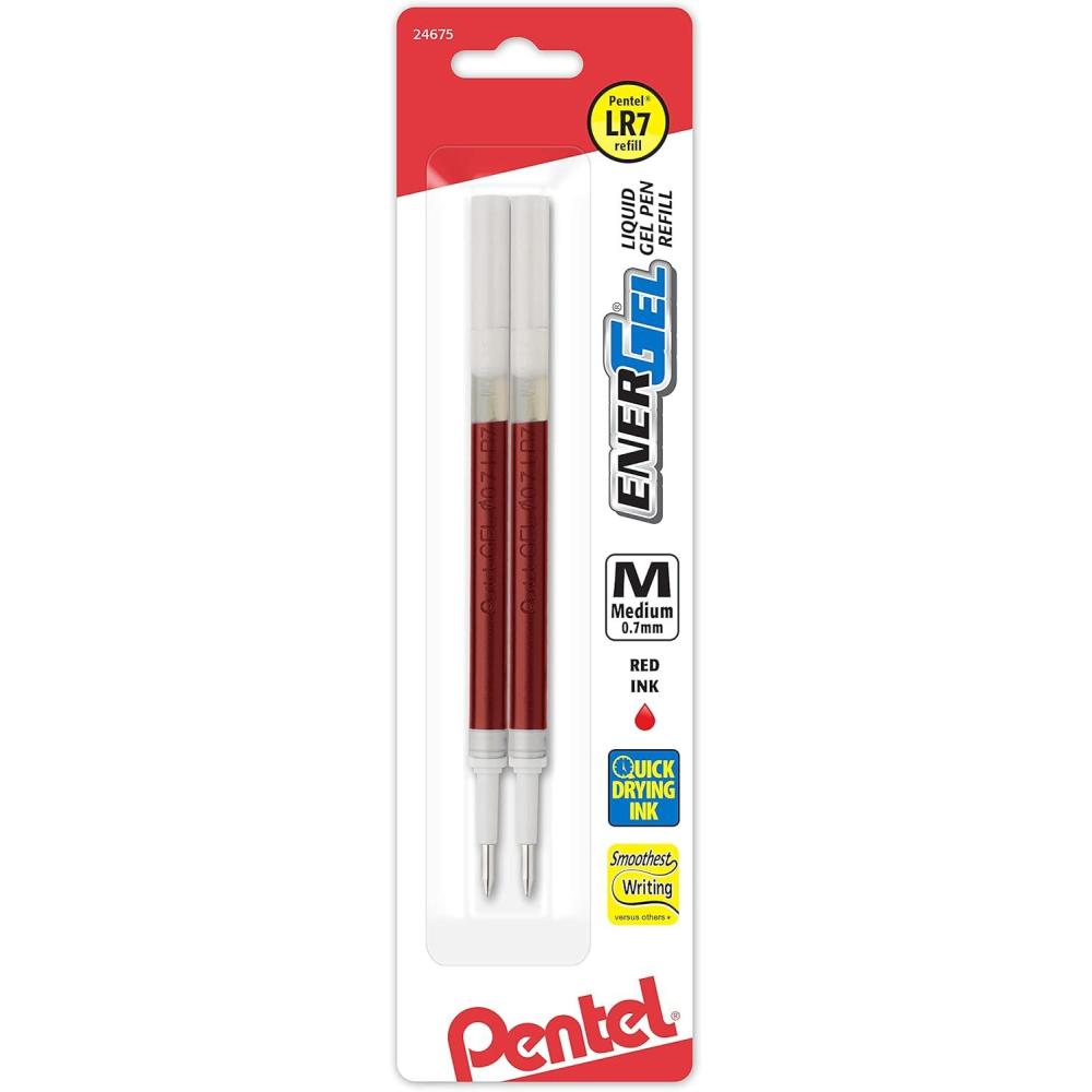 imagePentel Refill Ink For ENERGEL ampamp Lancelot Gel Pen 07mm Metal Tip Medium Red Ink Pack of 2 LR7BP2BRed
