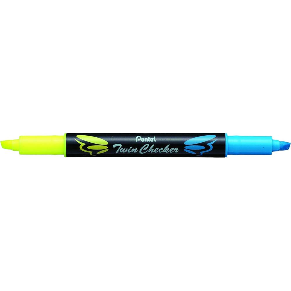 imagePentel Twin Checker Dualtip Highlighter Chisel Tip Assorted Colors Pack of 4 SLW8BP4MYellowBlue