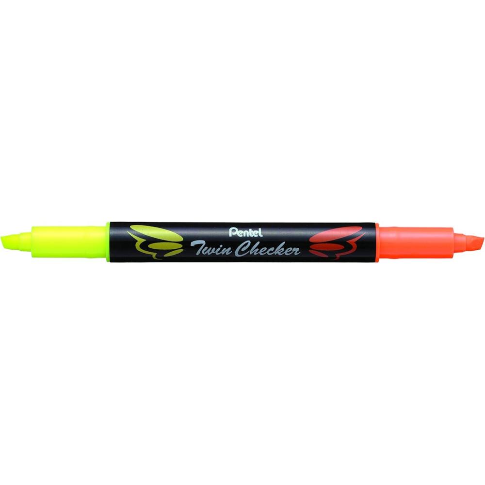 imagePentel Twin Checker Dualtip Highlighter Chisel Tip Assorted Colors Pack of 4 SLW8BP4MYellowOrange