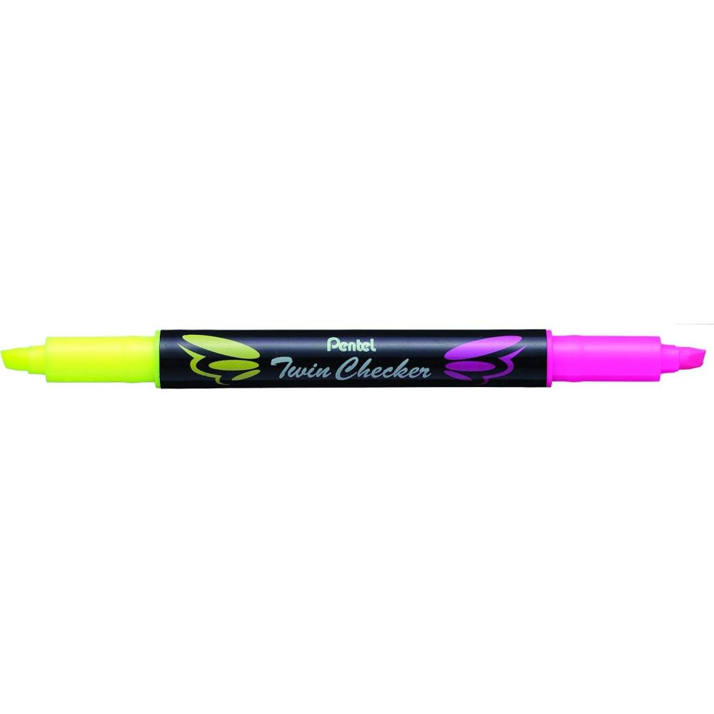 imagePentel Twin Checker Dualtip Highlighter Chisel Tip Assorted Colors Pack of 4 SLW8BP4MYellowPink