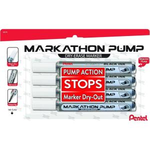 Pentel Markathon Pump Dry Erase Marker, Chisel Tip, Assorted Colors, 4 Pack with Eraser (MWL6SXBP4MKIT)(Black)
