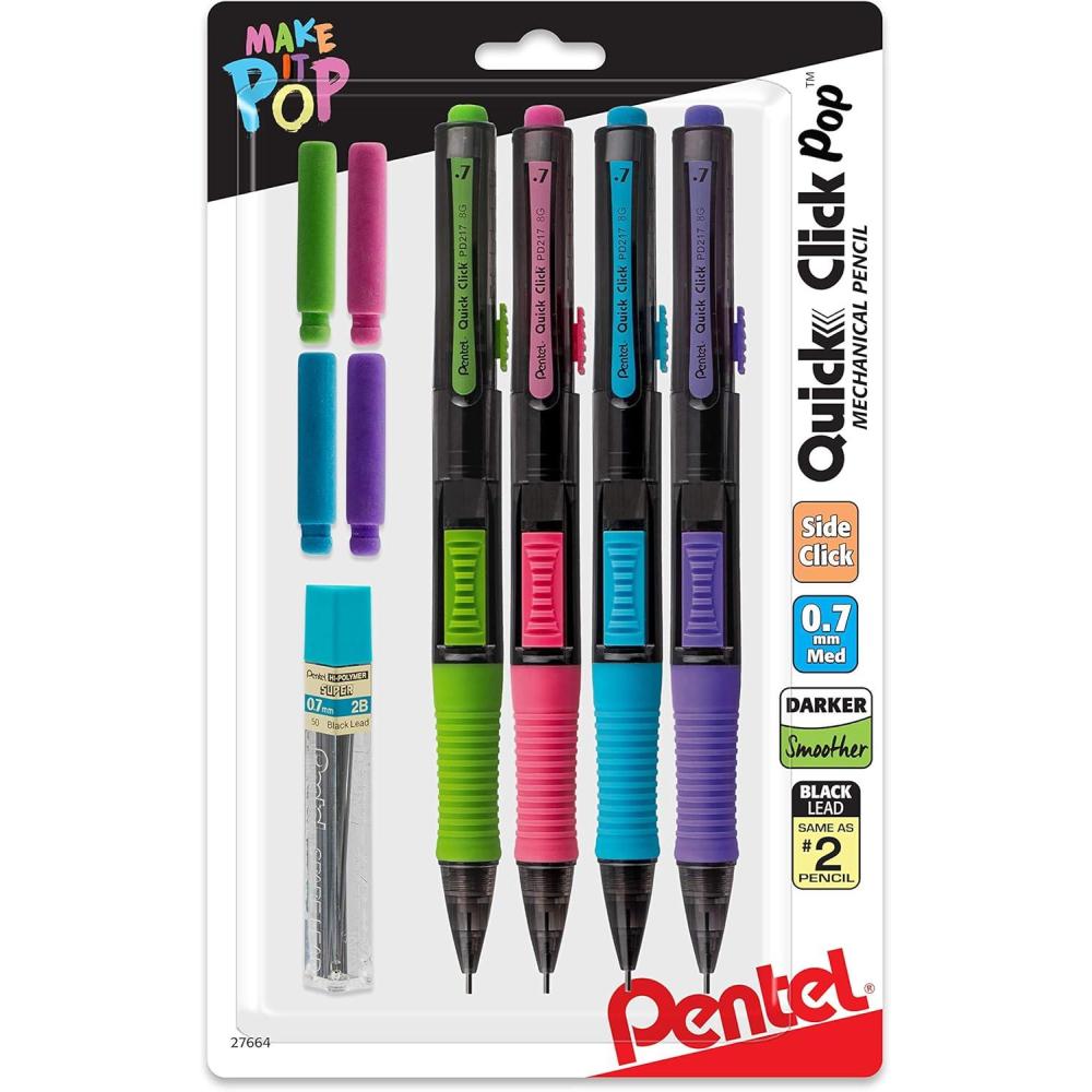 imagePentel Quick Click Pop Mechanical Pencil 07mm Medium 2 Eraser Refills Pack of 4 PD217ALEBP44 Count Pack of 1