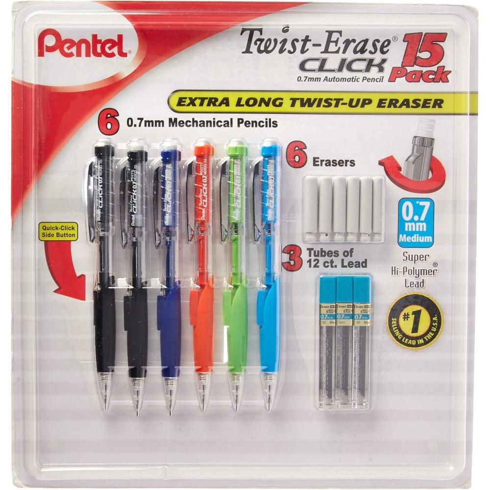 imagePentel TwistErase Click Mechanical Pencils 07mm HB 2 School Supplies Teacher Supplies Drawing Sketching pencils Assorted Barrel Colors 6 Mechanical Pencils 6 Erasers 3 Tubes of Lead Refills