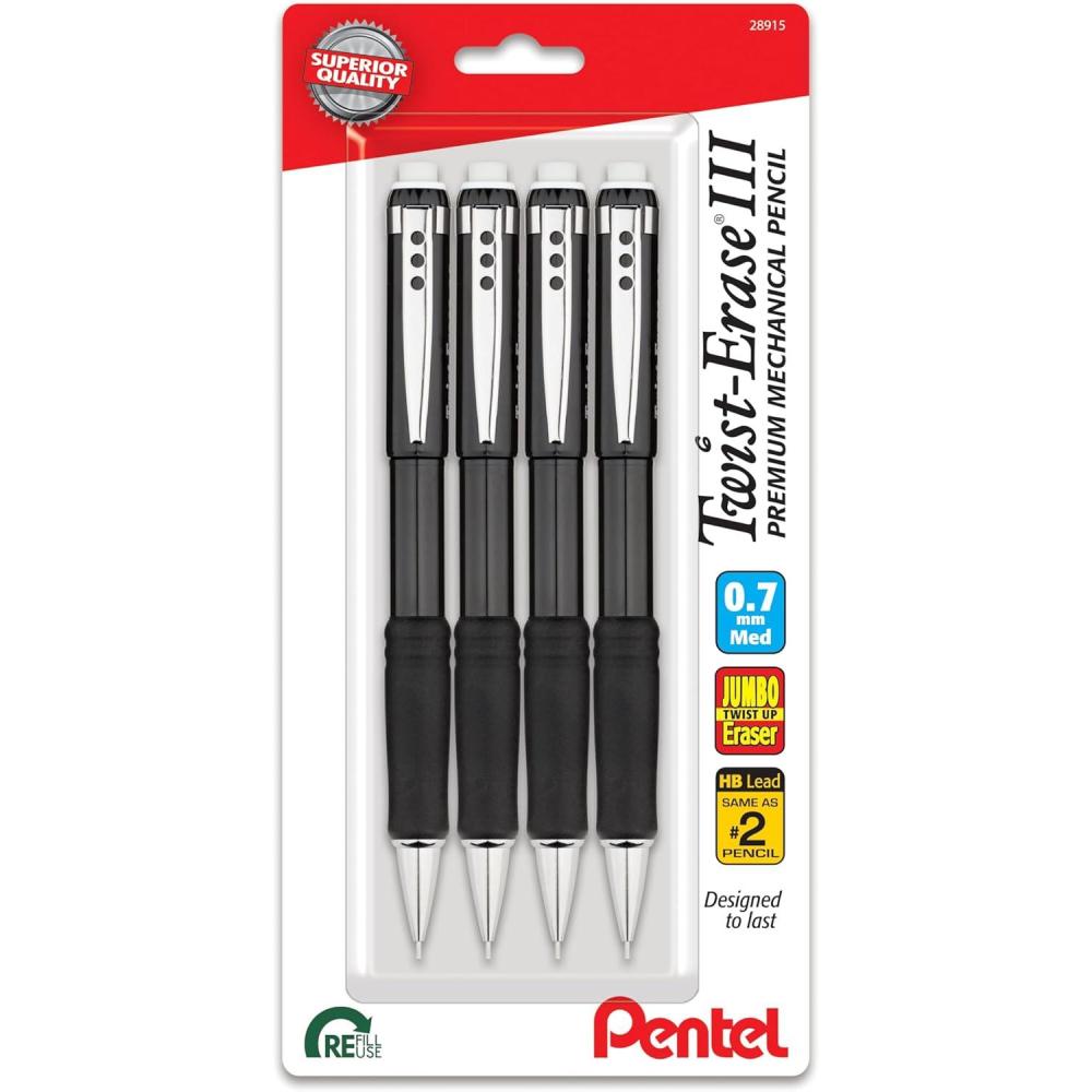 imagePentel TwistErase III Mechanical Pencil 07mm Medium Line Black Barrel Pack of 4 QE517BP4A
