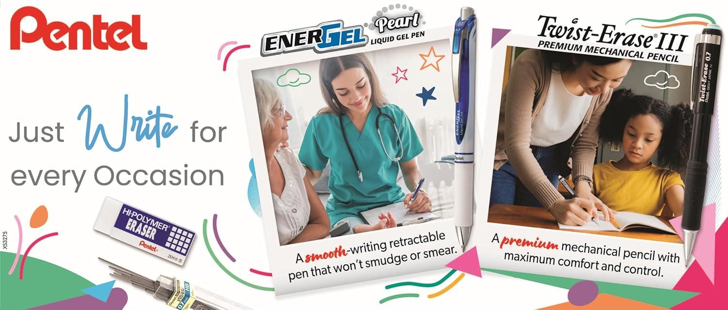 imagePentel Writing Essentials 10 pack  4 EnerGel gel pens 2 Twist Erase III 07mm mechanical pencils 2 HiPolymer block erasers and 2 HiPolymer 07mm HB lead
