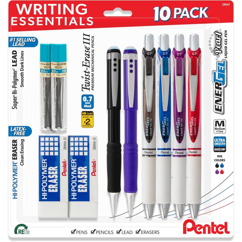 imagePentel Writing Essentials 10 pack  4 EnerGel gel pens 2 Twist Erase III 07mm mechanical pencils 2 HiPolymer block erasers and 2 HiPolymer 07mm HB lead