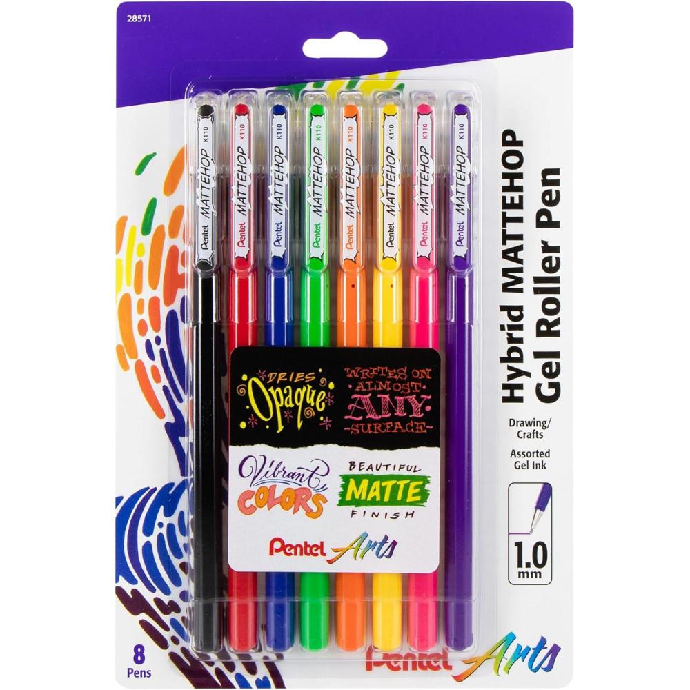 imagePentel Arts Hybrid MATTEHOP Gel Roller 10mm Matte Assorted Colors Pack of 8 Pens K110VBP8M