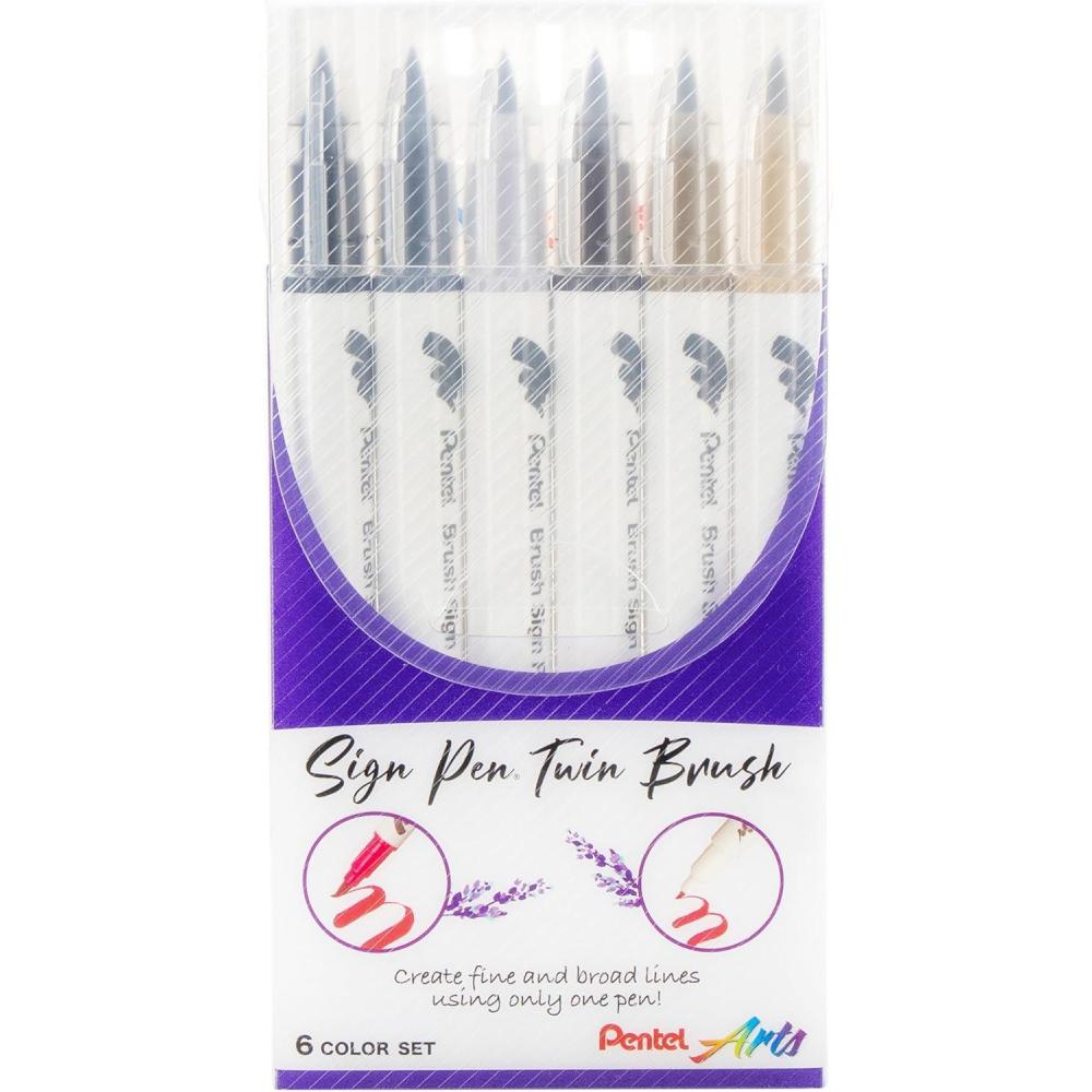 imagePentel Arts Sign Pen Twin Brush Pack of 6 Pens Black Hues SESW30CPC61