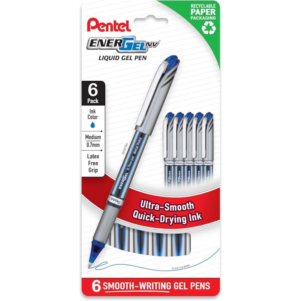 imagePentel EnerGel NV 07mm Liquid Gel Pen Medium Line Blue Ink Plastic Free Packaging 6 Pack BL27PF6C