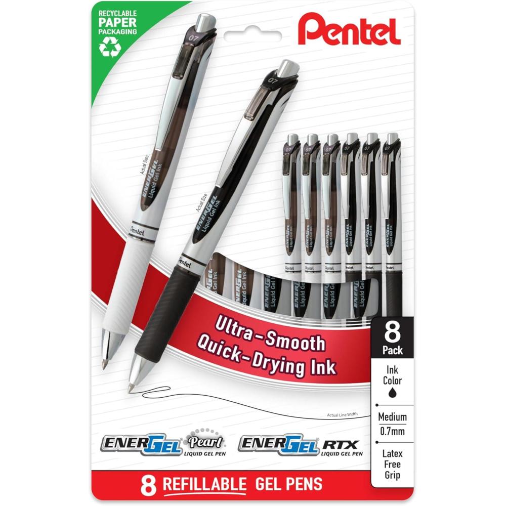 imagePentel EnerGel RTX and Pearl Retractable Liquid Gel Pen 07mm Metal Tip Medium Line Black Ink PlasticFree 8Pk BL77PWPF8A