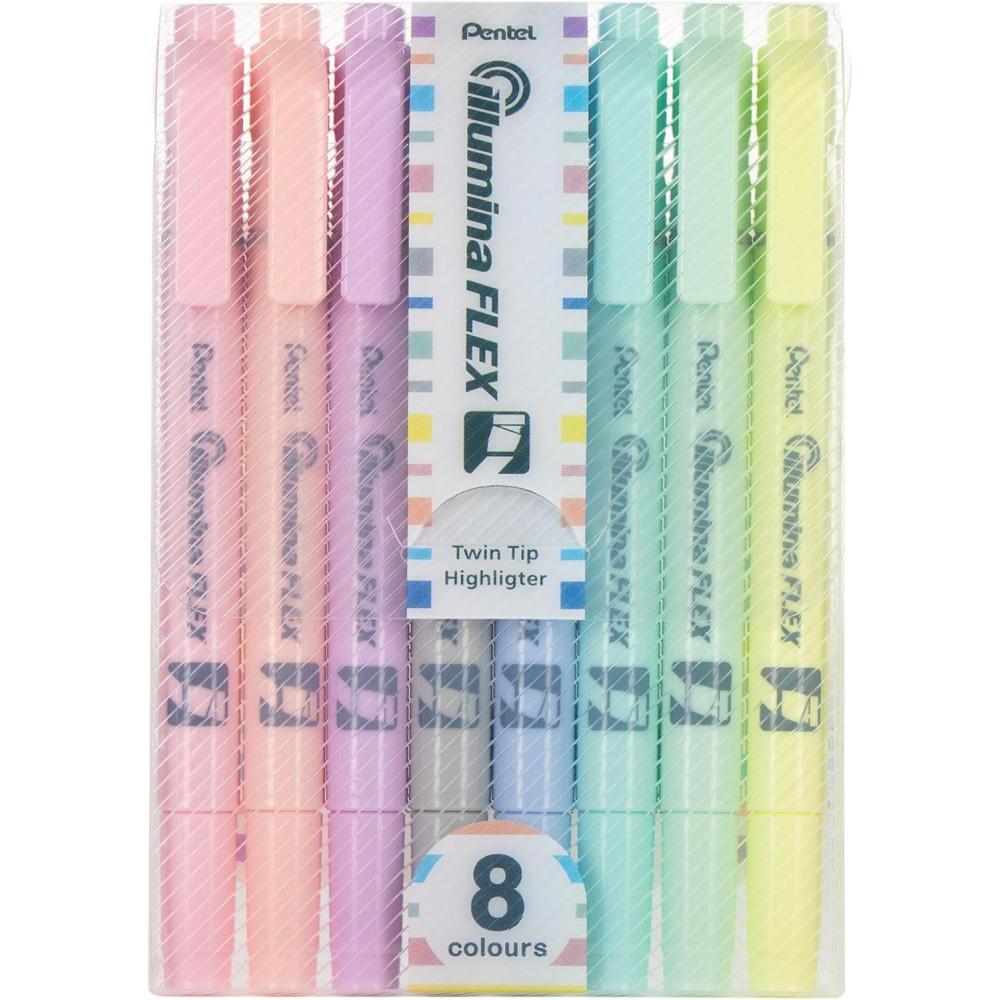 imagePentel Illumina Flex Twin Tip Highlighter DualTip Marker Highlighter Flex Tip and Chisel 8 Asstorted Pastel Ink Colors Pack of 8 SLW11P8E