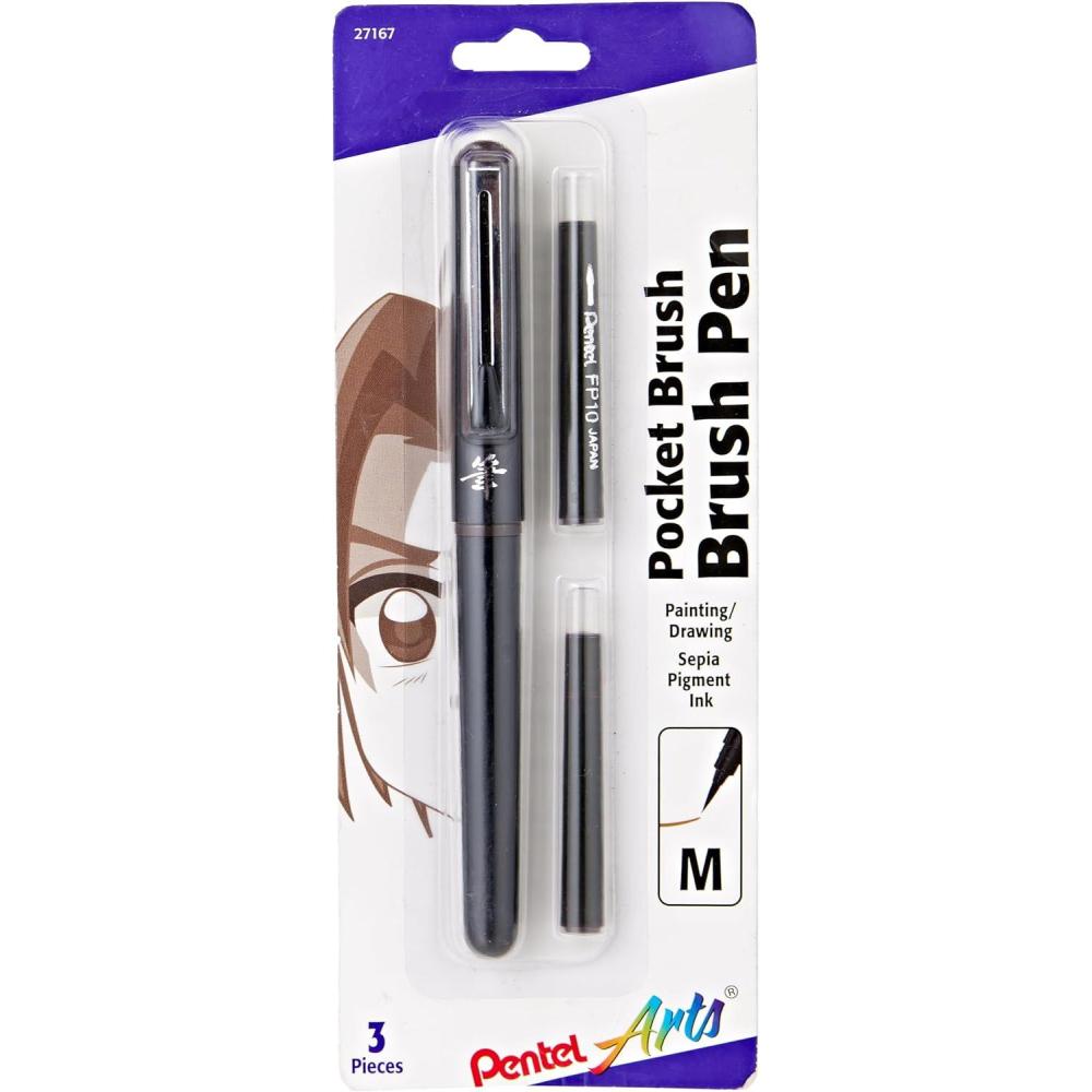 imagePentel Arts Pocket Brush Pigment Ink Pen wRefills  1 Pocket Brush Pen 2 Pigment Ink Refills  Sepia GFKP3BPSP Black