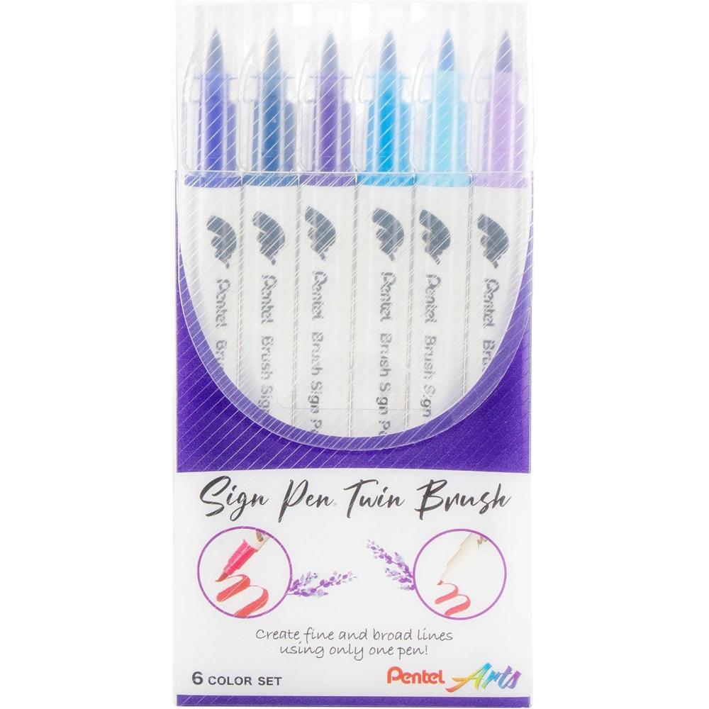 imagePentel Arts Sign Pen Twin Brush Pack of 6 Pens Blue Hues SESW30CPC62