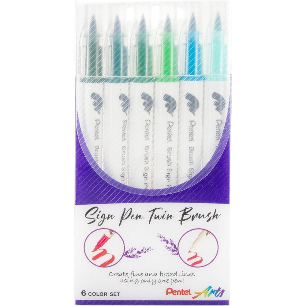 imagePentel Arts Sign Pen Twin Brush Pack of 6 Pens Green Hues SESW30CPC63