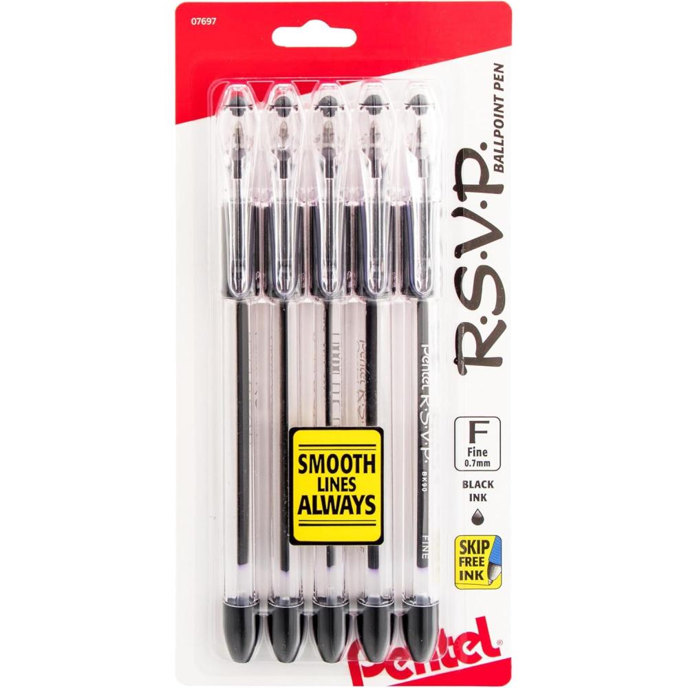 imagePentel 474028 RSVP Ballpoint Pens Fine Point Assorted Ink 5 Pack BK90BP5MClear