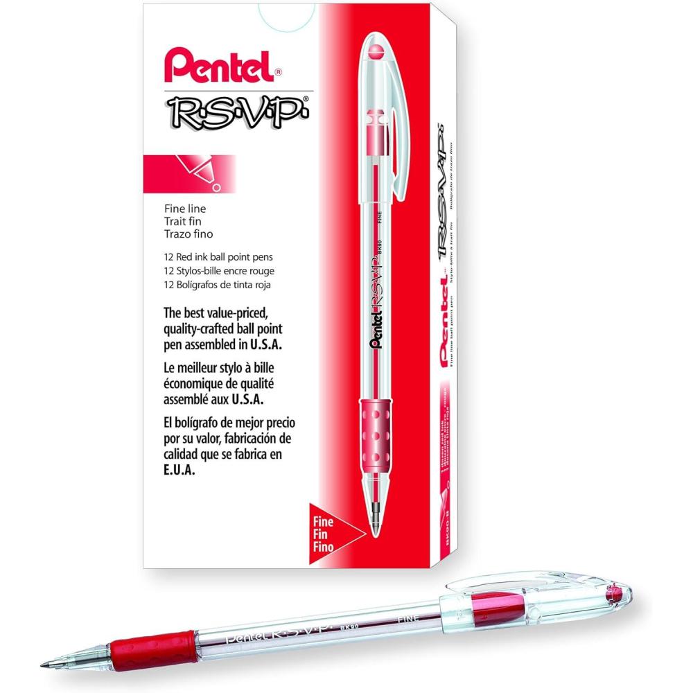 imagePentel BK90C RSVP Stick Ballpoint Pen 7mm Trans Barrel Blue Ink DozenRed