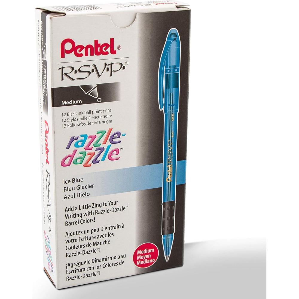 imagePentel RSVP RazzleDazzle Ballpoint Pen 10mm Medium Line Black Barrel Black Ink Box of 12 BK91RDAABlue Barrel