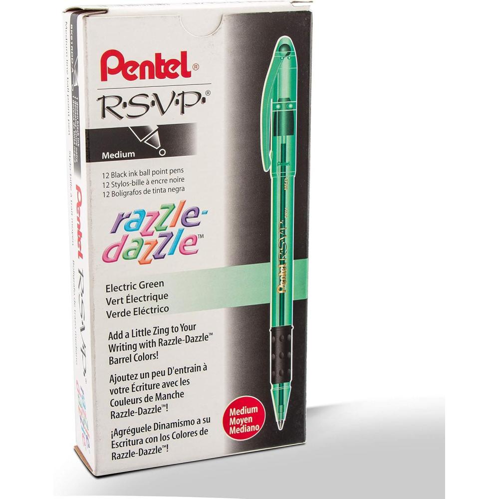 imagePentel RSVP RazzleDazzle Ballpoint Pen 10mm Medium Line Black Barrel Black Ink Box of 12 BK91RDAAGreen Barrel