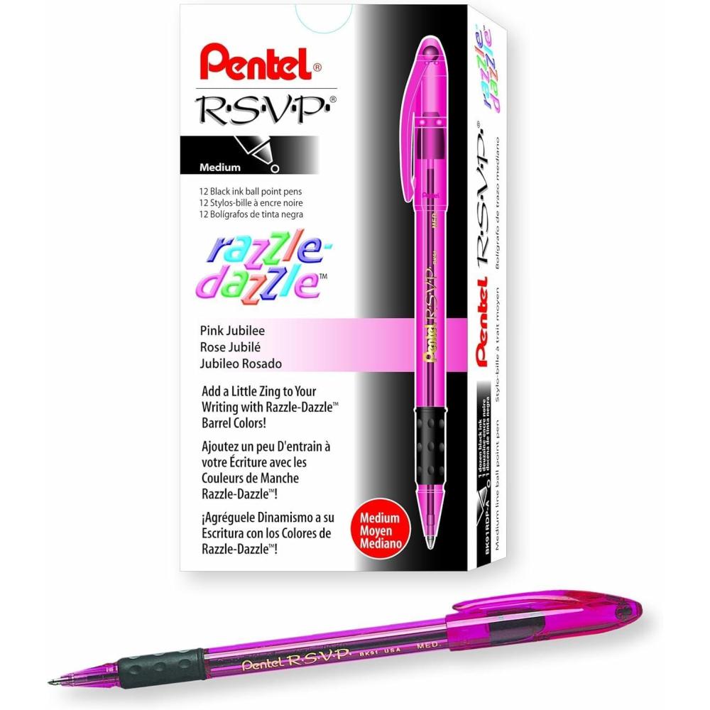 imagePentel RSVP RazzleDazzle Ballpoint Pen 10mm Medium Line Black Barrel Black Ink Box of 12 BK91RDAAPink