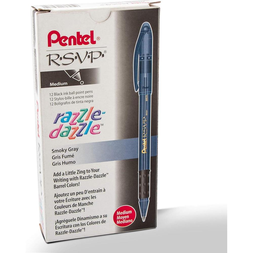 imagePentel RSVP RazzleDazzle Ballpoint Pen 10mm Medium Line Black Barrel Black Ink Box of 12 BK91RDAASmokey Gray Barrel