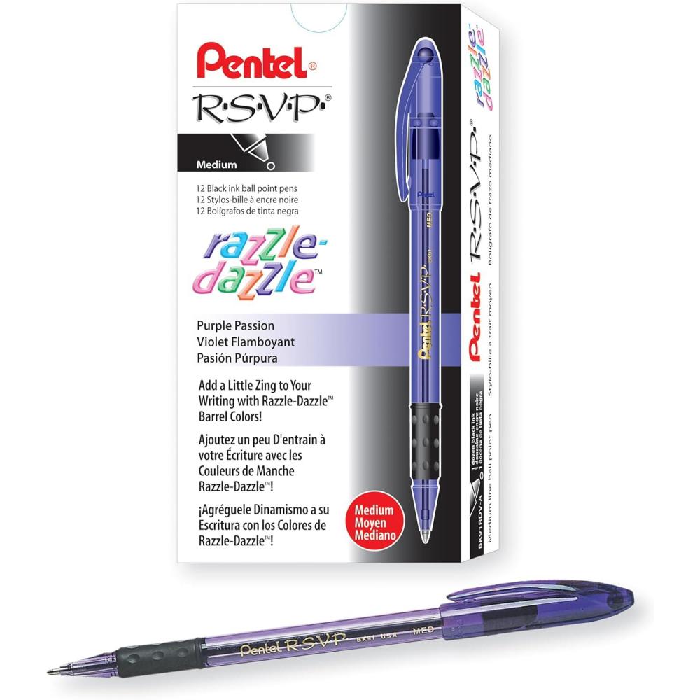 imagePentel RSVP RazzleDazzle Ballpoint Pen 10mm Medium Line Black Barrel Black Ink Box of 12 BK91RDAAViolet Barrel