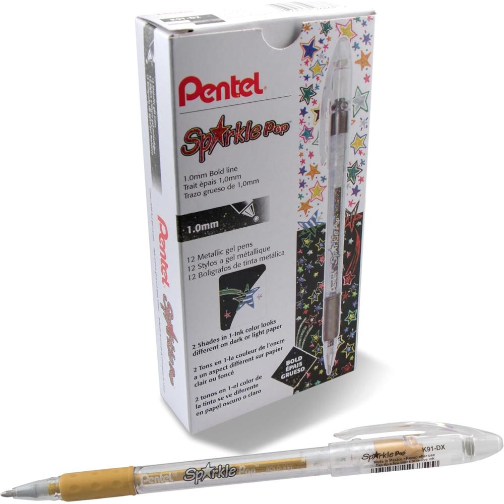 imagePentel Sparkle Pop Metallic Gel Pen 10mm Bold Line BlueGreen Ink Box of 12 Pens K91DCGold
