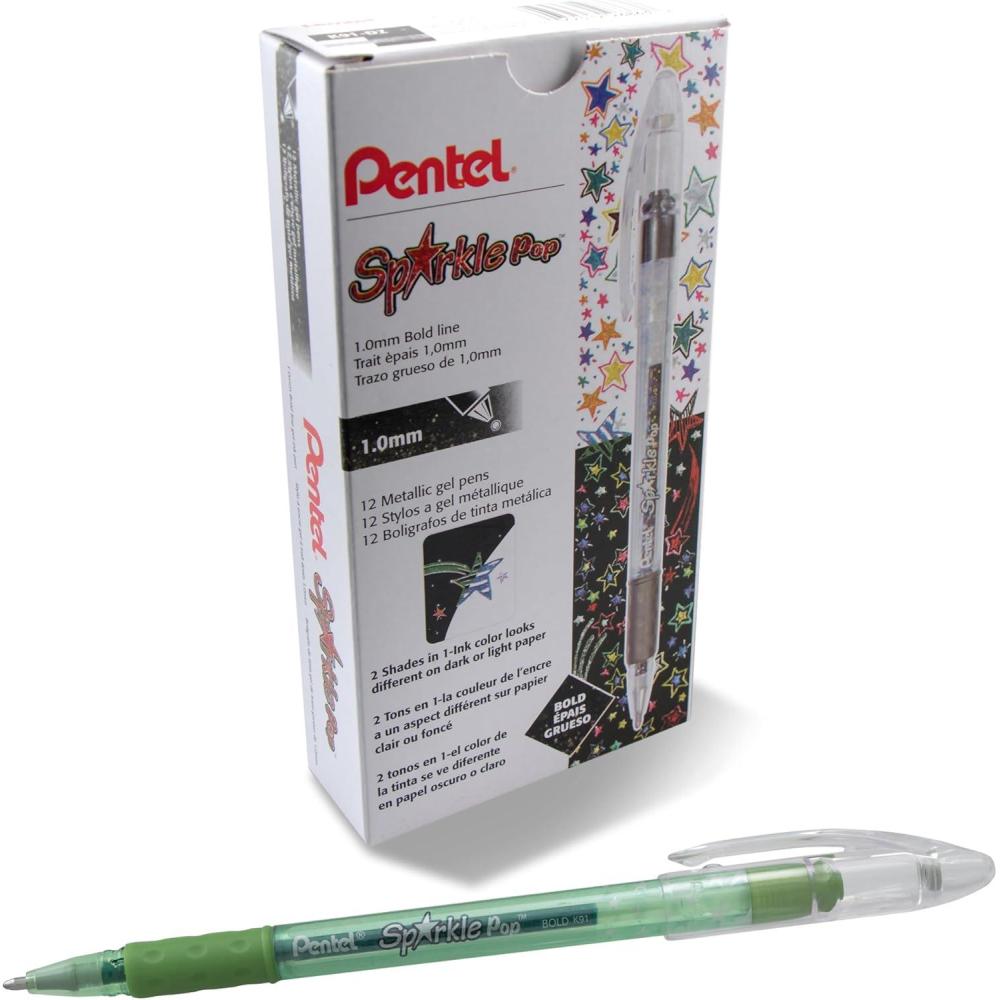 imagePentel Sparkle Pop Metallic Gel Pen 10mm Bold Line BlueGreen Ink Box of 12 Pens K91DCGreen