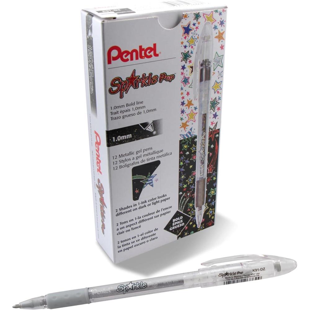 imagePentel Sparkle Pop Metallic Gel Pen 10mm Bold Line BlueGreen Ink Box of 12 Pens K91DCSilver