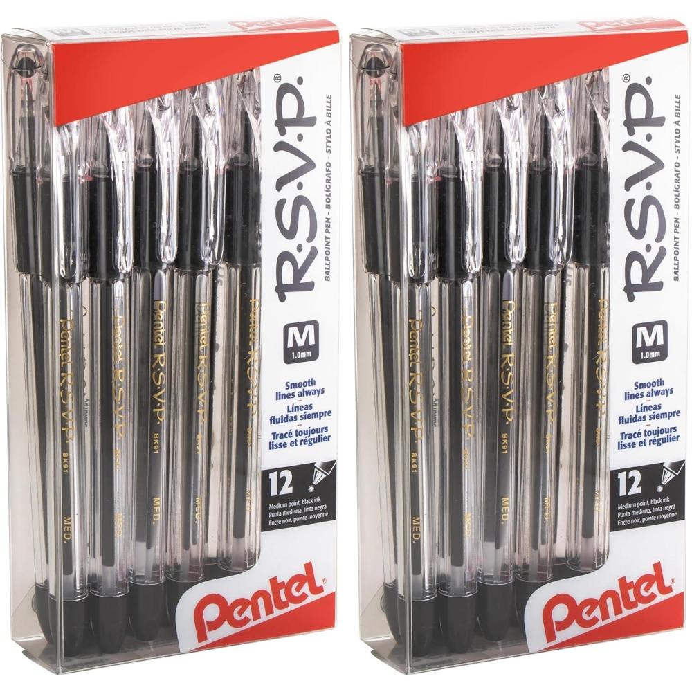 imagePentelR RSVPR Ballpoint Pens 10 mm Medium Point Clear Barrel Black Ink Pack of 24 BK91A12 Count Pack of 2