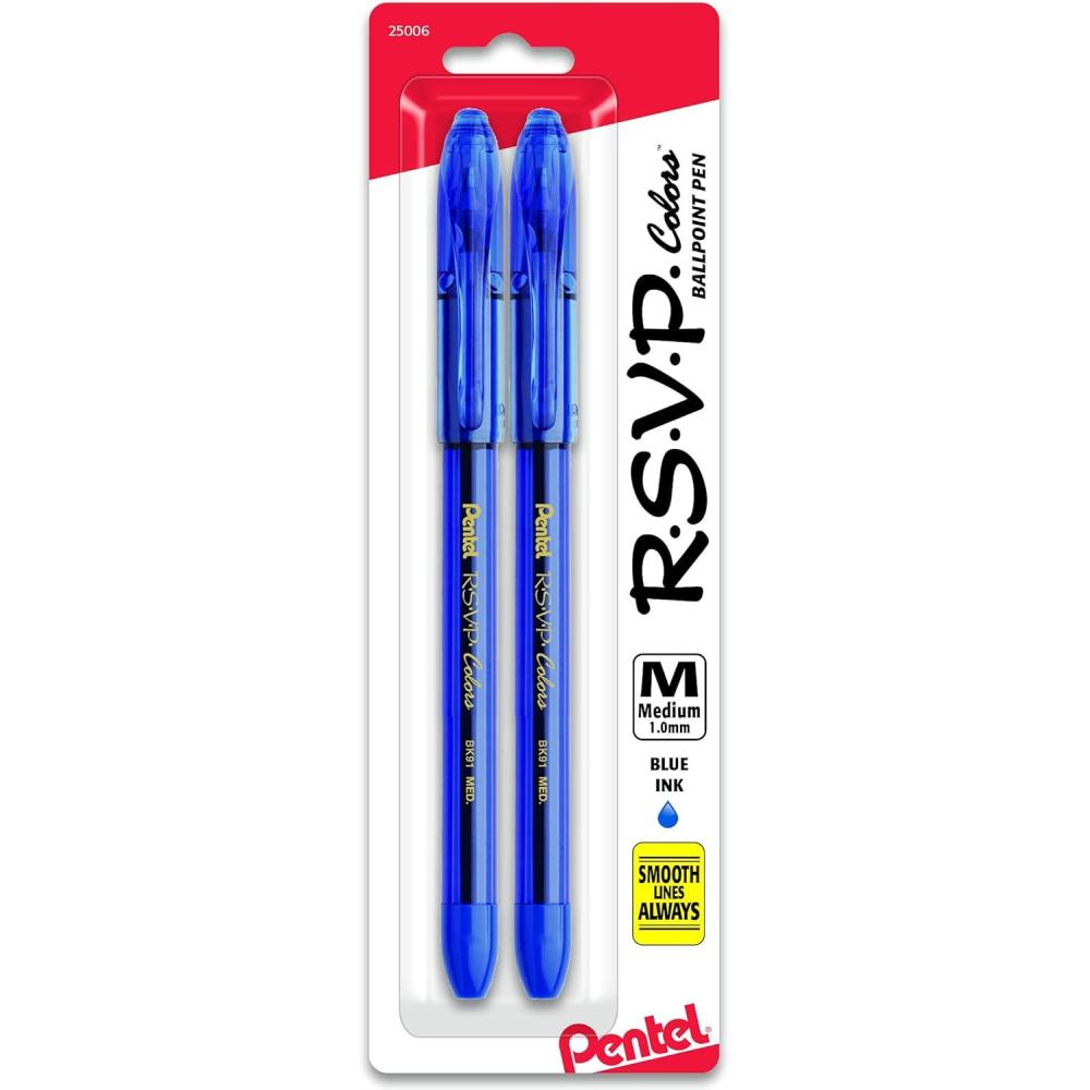 imagePentel BK91CRBP8M RSVP Stick Ballpoint Pen 1mm Assorted Barrel Assorted Ink 8SetBlue Ink