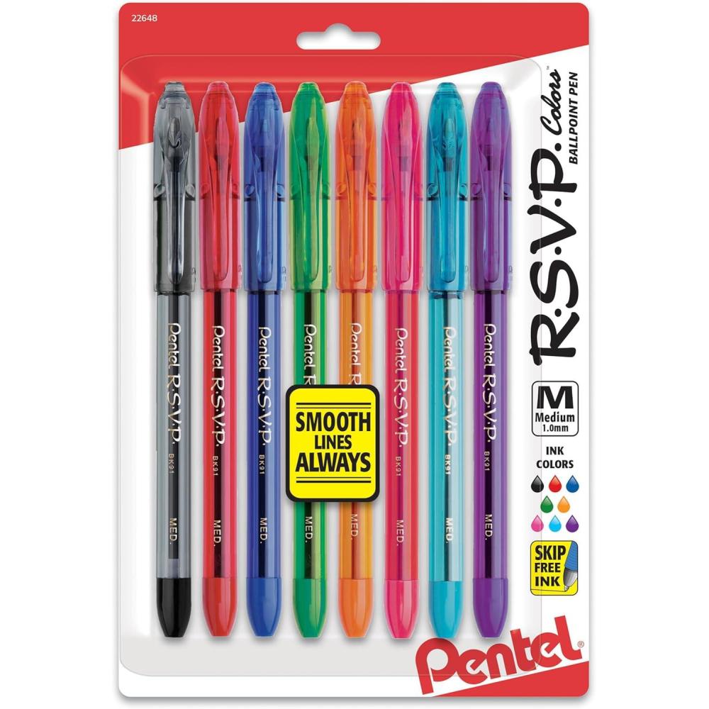 imagePentel BK91CRBP8M RSVP Stick Ballpoint Pen 1mm Assorted Barrel Assorted Ink 8Setassorted